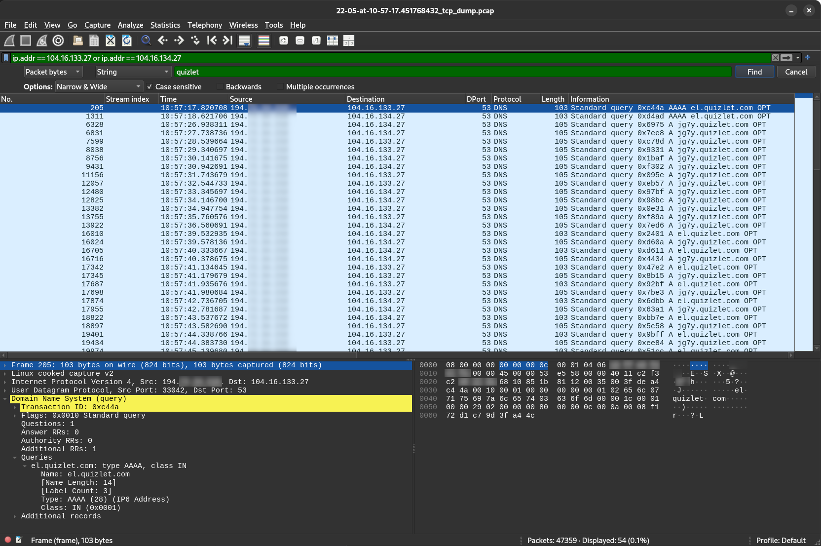 Screenshot of Wireshark showing a network traffic capture, which shows DNS queries with no responses.