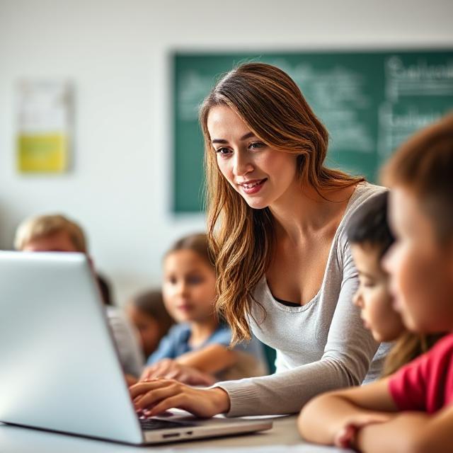 A teacher showing something on a laptop to a class of children.